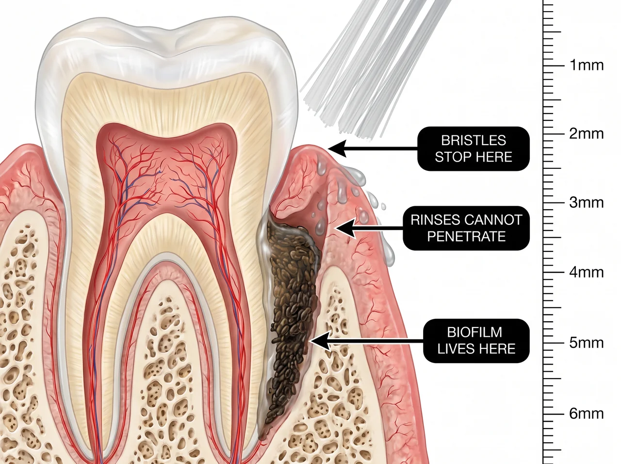 Cross section of tooth showing bristles stop at 2mm, rinses cannot penetrate past 3mm, and biofilm lives at 5mm below the gumline