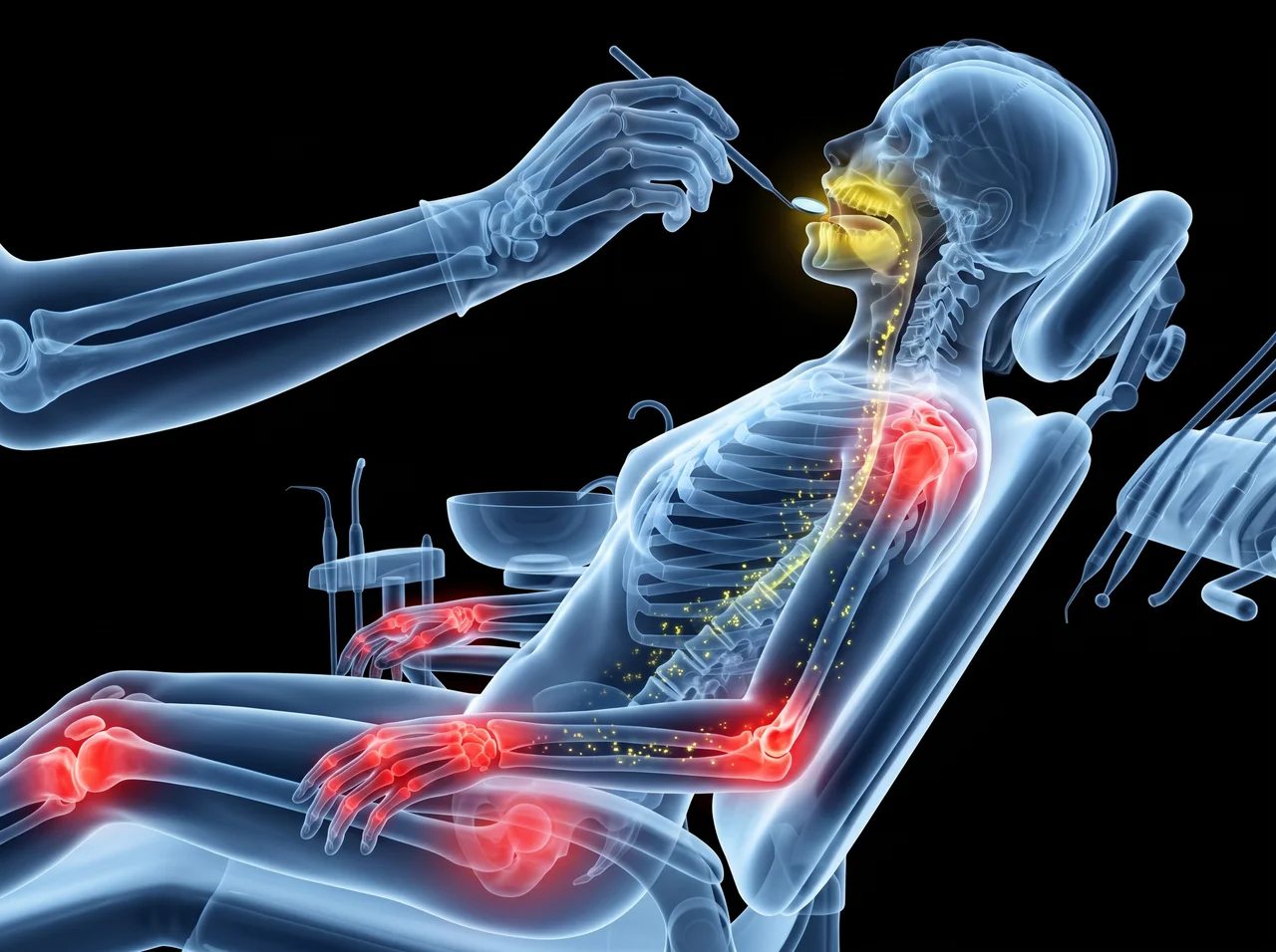 X-ray style illustration showing dental examination with inflamed joints highlighted in red, depicting the connection between oral bacteria and rheumatoid arthritis
