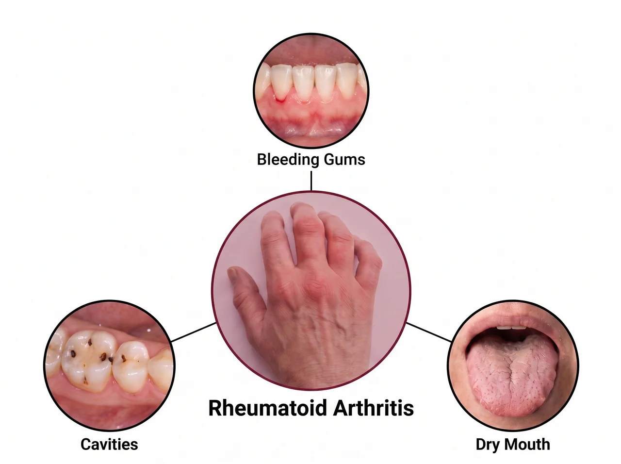 Diagram showing bleeding gums, cavities, and dry mouth all connected to rheumatoid arthritis